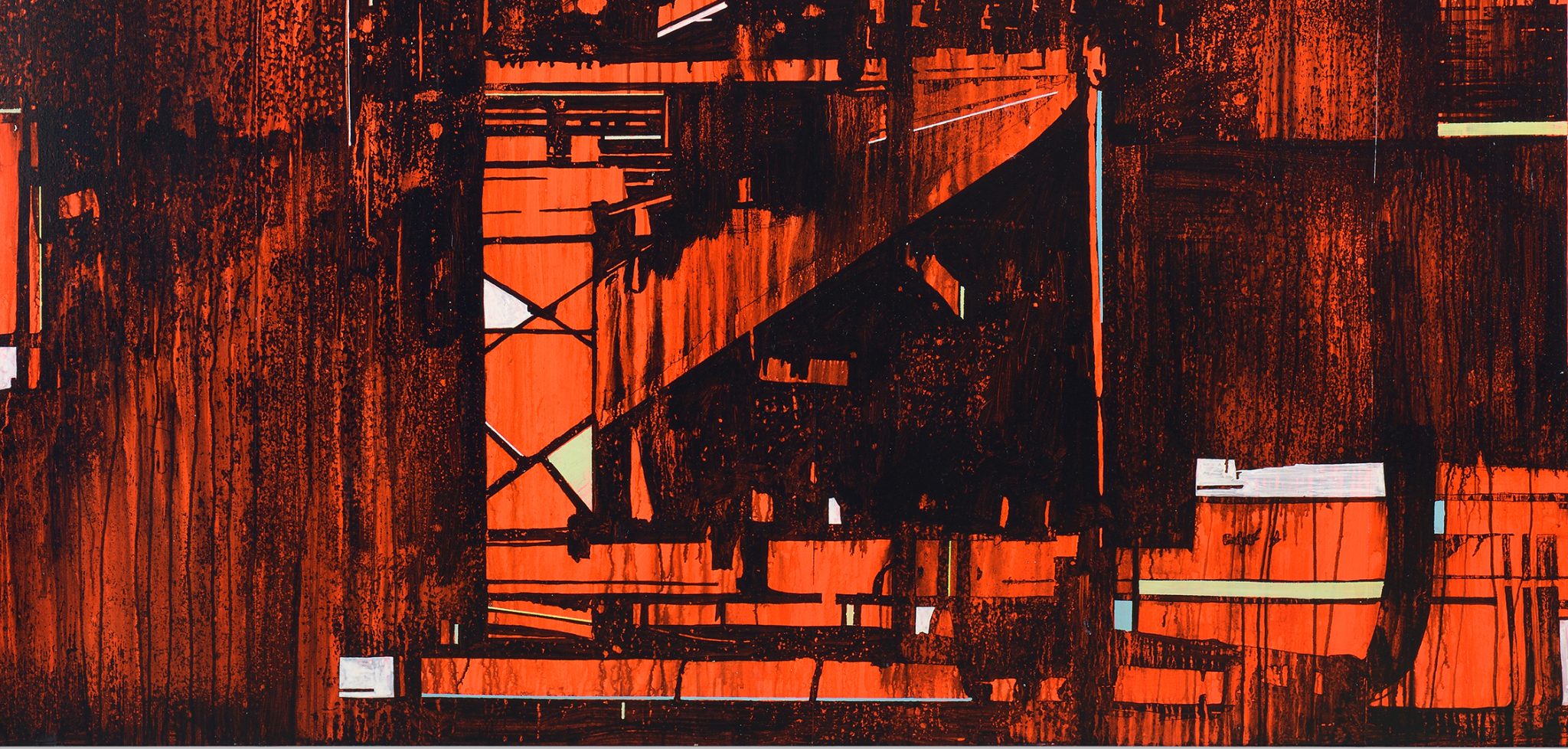 Jan Muche, „ot (rot)“, 2016, Acryl, Tusche und Bootslack auf Leinwand, 160 x 120 cm